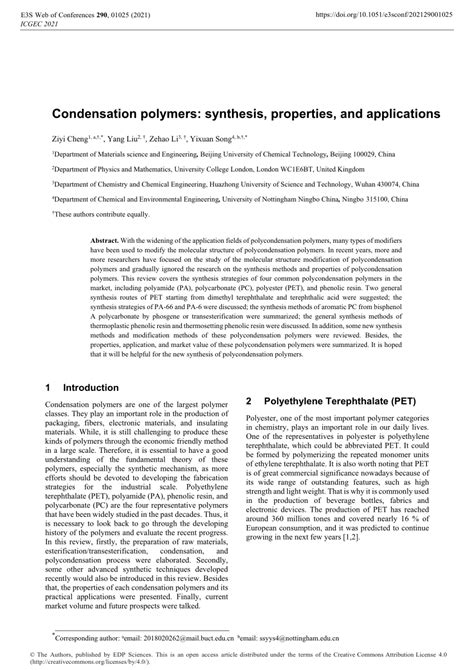 (PDF) Condensation polymers: synthesis, properties, and applications