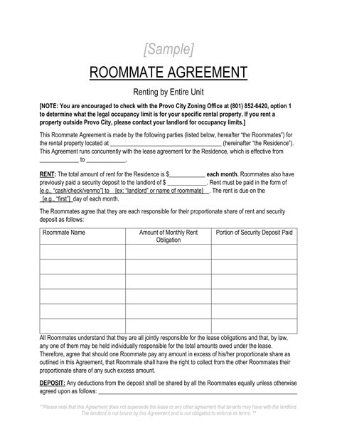 Roommate Agreement Template Word