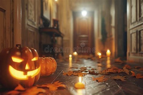 Spooky Halloween Corridor With Jack O Lantern And Candles Stock