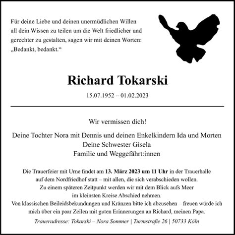 Traueranzeigen Von Richard Tokarski Wirtrauern