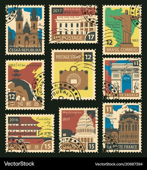 Set of postage stamps on the travel theme Vector Image