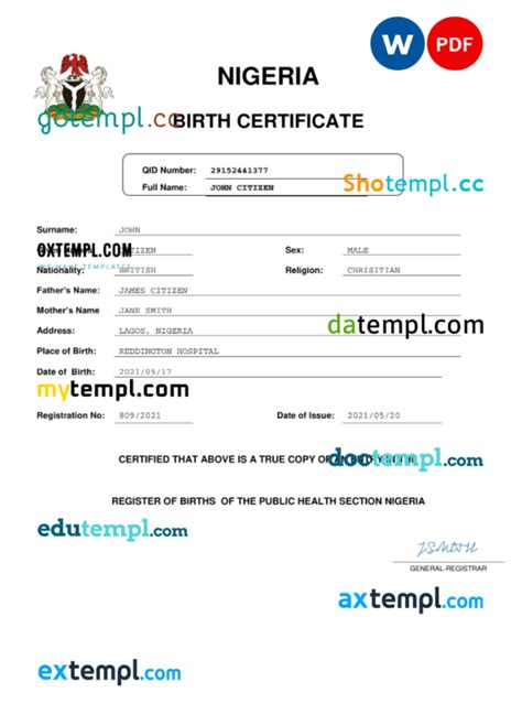 Nigeria Vital Record Birth Certificate Word And PDF Template