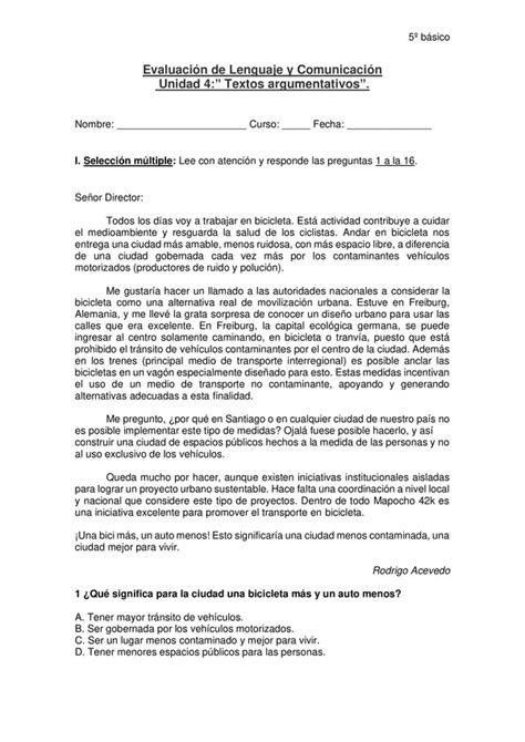 Evaluación lenguaje 5año unidad Texto argumentativo profe social