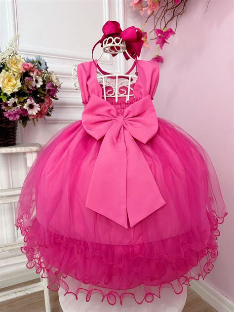 Vestido Infantil Pink C Aplique De Flores E Renda Luxo Rosa Charmosa