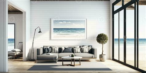 living room with wooden floor, white wall background, luxury Sea beach ...