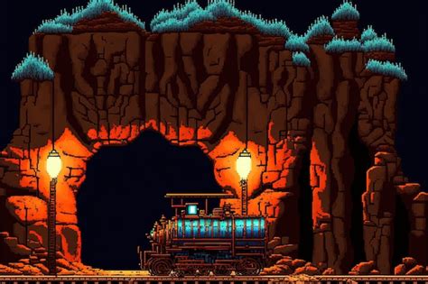 Premium AI Image | Pixel art mining cave with ore carts underground ...