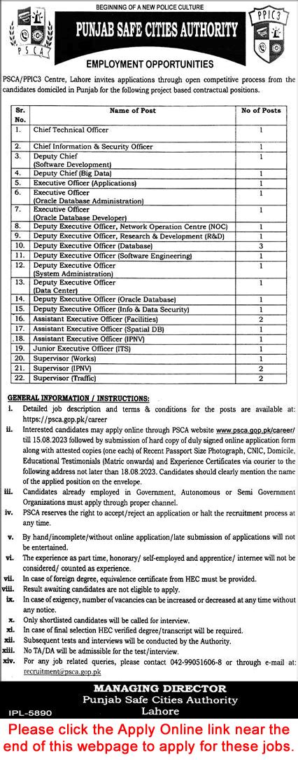 Punjab Safe City Authority Jobs 2023 July August Psca Ppic3 Apply