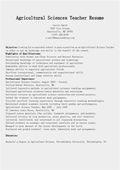 Resume Samples Agricultural Sciences Teacher Resume Sample