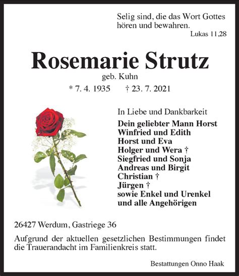 Traueranzeigen Von Rosemarie Strutz Nordwest Trauer De