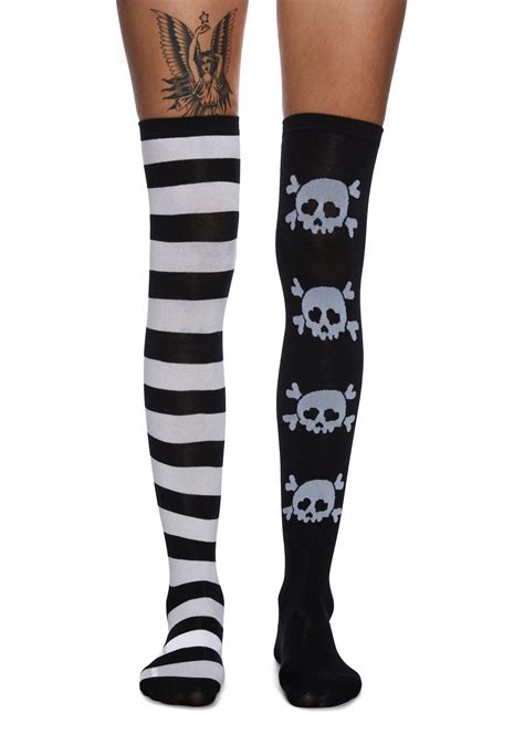 Skull Stripe Mismatched Thigh High Socks Black White Dolls Kill