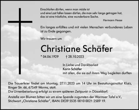 Traueranzeigen von Christiane Schäfer vrm trauer de