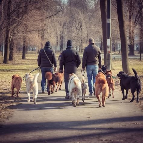 Grupo De Perros Paseados Con Correa Por Un Paseador De Perros Ai Foto