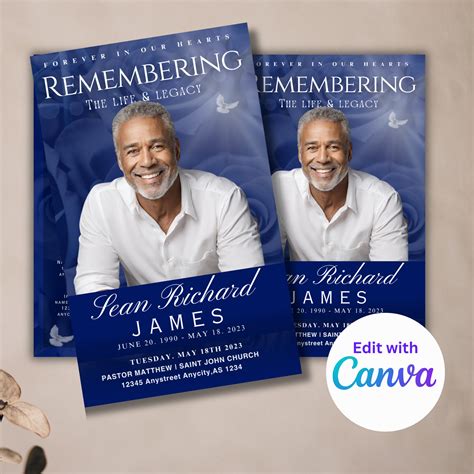 Funeral Program Template For Man Masculine Funeral Program Celebration Of Life Keepsake Blue