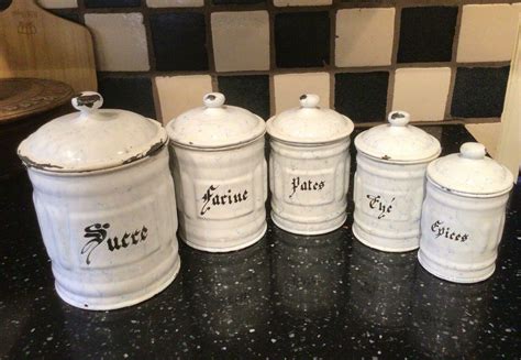 Antique Graniteware French Five Enamelware Canisters Set Snow On The