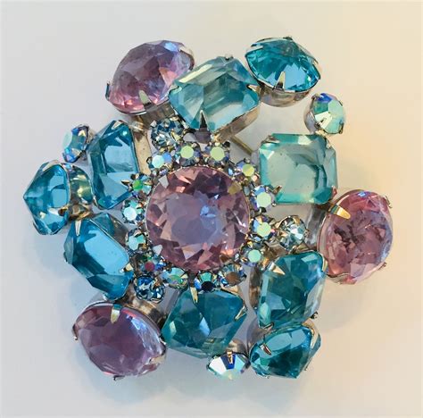 Beautiful Schreiner Brooch Open Back Stones Aquas And Lavender