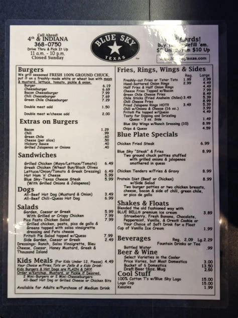 Blue Sky Texas menu, Menu restauracji Blue Sky Texas, Lubbock, Lubbock ...