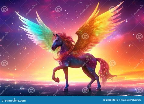 Rainbow Background With Winged Cute Unicorn With Stars Generative Ai