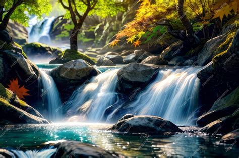 Premium Photo | Waterfall landscape with maple tree relaxing background ...