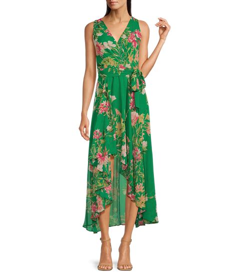 Eliza J Floral Print Surplice V Neck Sleeveless High Low Hem Wrap Dress