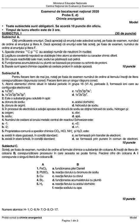 BAC 2020 Modele de subiecte pentru Chimie și Fizică descarcă modelele