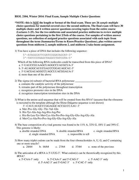 Practice Exam Questions Biol Winter Final Exam