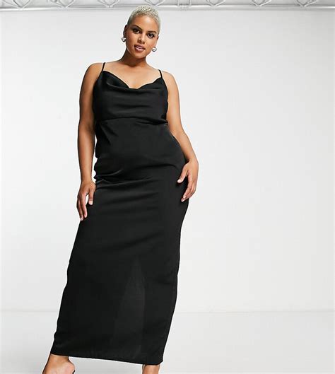 Naanaa Plus Cowl Neck Satin Maxi Dress In Black Shopstyle