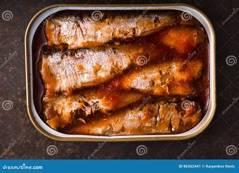 Tinned Sardines In Tomato Sauce On The Slate Closeup Stock Image