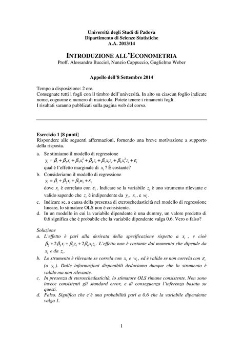 Esame Econometria Con Soluzione Universit Degli Studi Di Padova