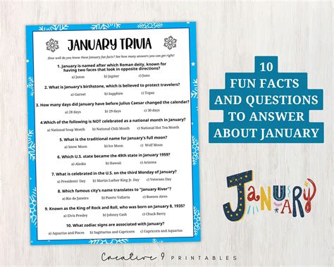 January Trivia Printable Game for Kids and Adults, 10 Fun Facts Quiz