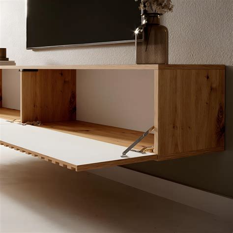 Mueble De Tv Colgante Roble Artesano Con Frente De Listones E