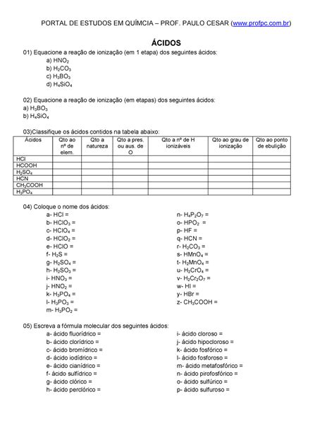 ácidos E Bases Exercícios Braincp