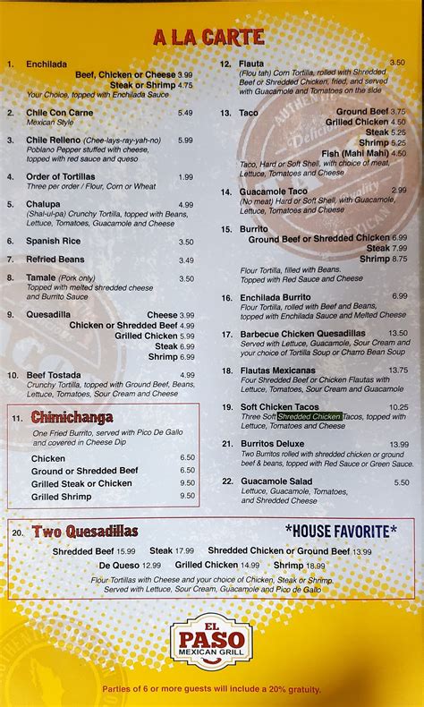 Dinner Menu El Paso Mexican Grill Carencro La