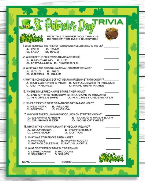 Free Printable St Patricks Day Trivia Questions And Answers