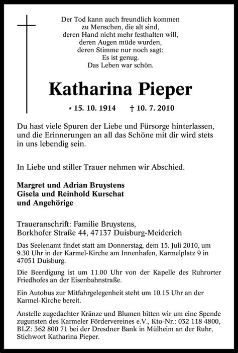 Trauer Und Todesanzeigen Von Katharina Pieper Trauer De