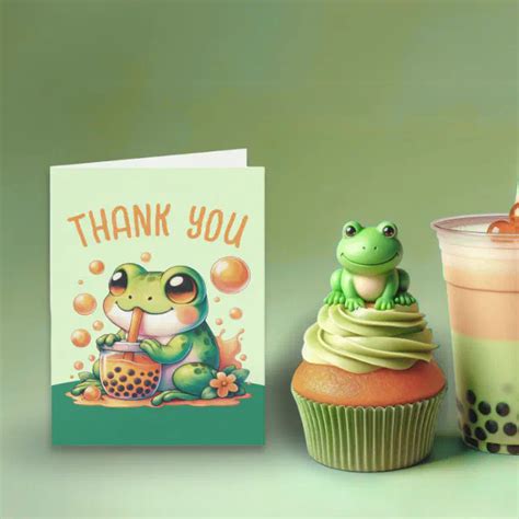 Green Frog Drinking Orange Boba Thank You Card Zazzle