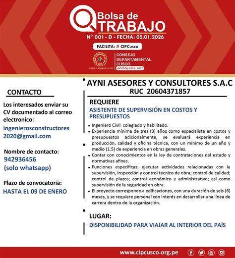 Colegio - 🔴𝗕𝗢𝗟𝗦𝗔 𝗗𝗘 #𝗧𝗥𝗔𝗕𝗔𝗝𝗢 𝗡°𝟬𝟬𝟭-𝟮𝟬𝟮𝟱 🏢 Convoca: AYNI ASESORES Y