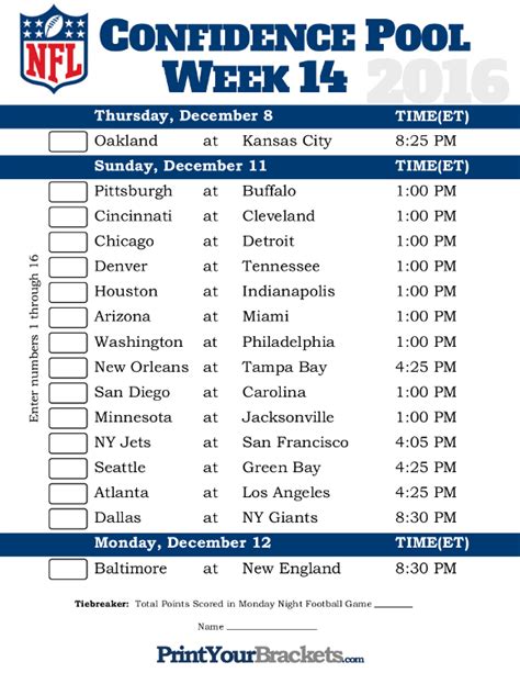 Nfl Week 14 Confidence Pool Sheet Printable