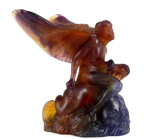 Daum Nancy Pate De Verre Art Glass Sculpture Male Nude Angel On Rock Signed Glass Sculpture