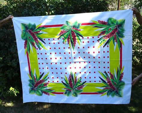 Fabulous 1940s Vintage Printed Tablecloth Exotic Flowers Art Deco