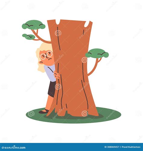 Scared Child Hiding Behind the Tree and Peeping, Vector Cartoon Fearful