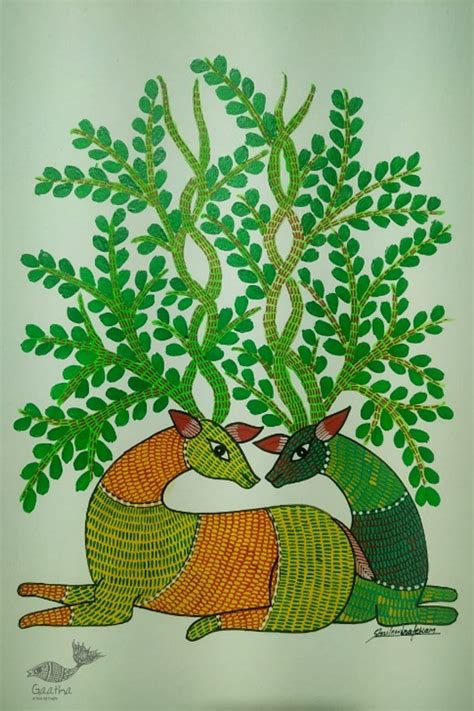 Gond Painting Hand Painted Two Deer