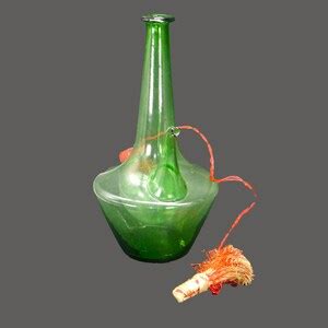 Mid Century Italy Green Glass Fiasco Wine Bottle Decanter With Ice Bulb