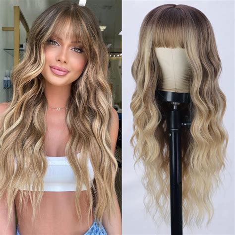 Aisi Queens Ombre Blonde Wig With Bangs Long Blonde Wavy Wigs For Women Synthetic