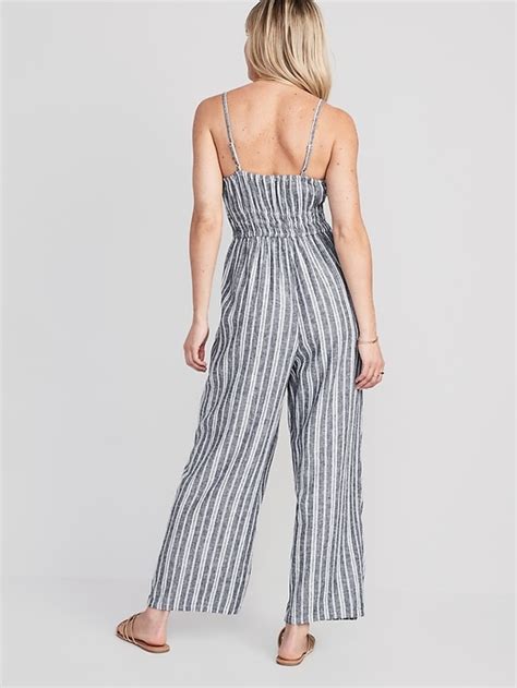 Striped Linen Blend Cropped Smocked Cami Wide Leg Jumpsuit For Women