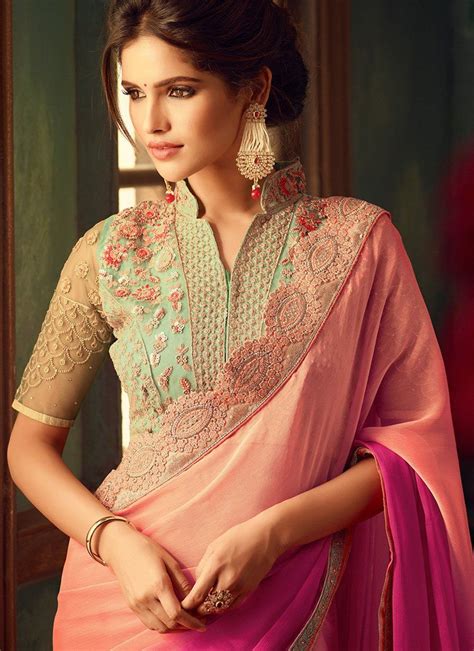 Light Green And Pink Embroidered Georgette Saree Lashkaraa Saree Saree Designs Georgette