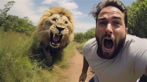 Premium Photo A Man Taking Selfie With Lion The Man Is Running Lion