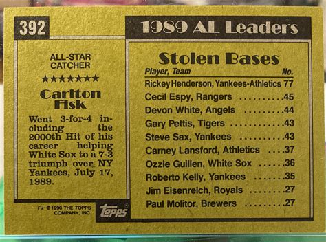 1990 Topps Baseball All Star Carlton Fisk 392 Chicago White Sox Hof Ebay