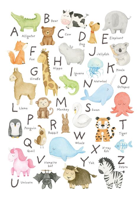 A4 Alphabet Art Print Nursery Watercolour Animals - Etsy | Alphabet art ...