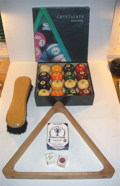 Vintage Crystalate Boxed Pool Ball Set Wood Rack Brush Box Of