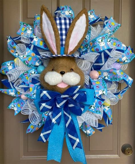 Easter Bunny Front Door Wreath Easter Rabbit Wreath Blue Deco Mesh